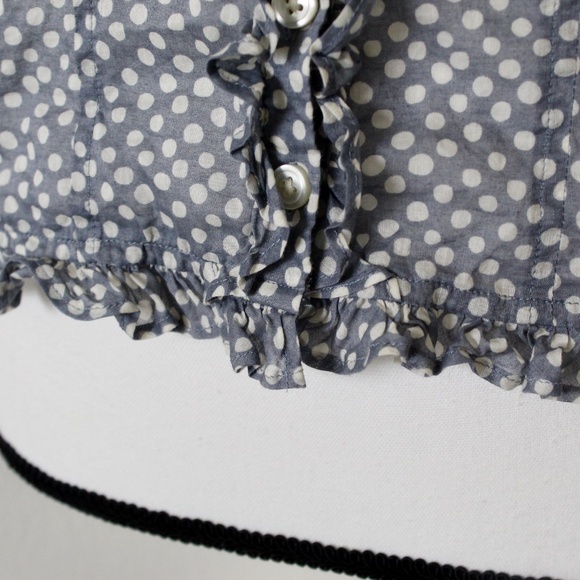 Gray-Blue & White Polka Dot Sleeveless Ruffle Detail Button Down Shirt - Picture 3 of 7